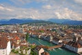 Birds eye view of city Lucerne, Switzerland with Swiss typical buildings looking down on the Spreuer Bridge over River Reuss