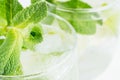 Sprig fresh mint on summer cool lemonade in glasses with lime, ice, straw, closeup, blur. Royalty Free Stock Photo