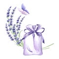 Sprig of lavender flowers with violet butterfly and aroma sachet, watercolor illustration of Provence. Isolated hand Royalty Free Stock Photo