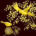Sprig of Mimosa and Yellow Bird, Spring Background Royalty Free Stock Photo