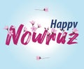 Sprigs of the apricot tree with flowers on pink background Text Happy Nowruz Holiday Concept of spring came Top view Flat lay