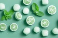 Sprigs of fresh peppermint and halves of peeled limes a green background top view..