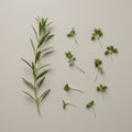 Sprigs of green herbs arranged on a neutral background. On the left, a long sprig with Royalty Free Stock Photo