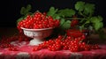 Sprigs of red currant in a white bowl closeup. Sweet red currant spilling out from the bowl. Currant organic berries