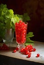 Sprigs of red currant in a white bowl closeup. Sweet red currant spilling out from the bowl. Currant organic berries