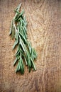 Sprigs of rosemary on a wooden board top view vertical