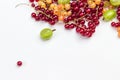 Sprigs of white and red currants, gooseberries on white