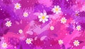 spring abstract flat background. Flowers and leaves on purple pink background with splashes of paint.