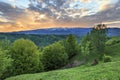 Spring alpine landscape with green fields and high snowy mountains,Bran,Transylvania Royalty Free Stock Photo