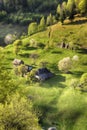 Spring alpine landscape with green fields, Magura village