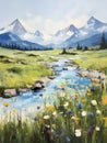 Spring Alpine landscape. Mountains, valley, river. Vertical composition