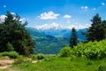 Spring in Alps. Alpine valley landscape on clear day