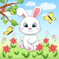 Cute cartoon white rabbit in nature. Royalty Free Stock Photo