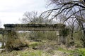 Spring. April. Old time-destroyed concrete bridge. Piles and floors covered with moss.