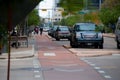 Spring, 2016 - Austin, Texas, USA - Central street of Austin, Texas. Empty bike lane next to the roadway