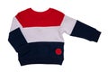 Spring and autumn children clothes. A red white blue striped cozy warm sweater or pullover isolated on a white background. Winter