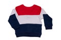 Spring and autumn children clothes. A red white blue striped cozy warm sweater or pullover isolated on a white background. Winter Royalty Free Stock Photo