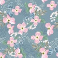 Spring autumn pink flowers with white herbs seamless pattern.