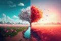 Spring and Autumn trees half comparison with sky illustration fantasy background. First day of spring and Beauty in nature concept