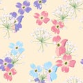 Spring autumn violet blue pink flowers with herbs seamless pattern. Watercolor style floral background for invitation, fabric, wal Royalty Free Stock Photo