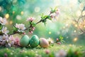 Spring Awakening A Stunning Double Exposure of Easter Blossoms and Eggs on a Vibrant Green Background Royalty Free Stock Photo
