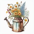 Spring Awakening: Watercolor Illustration of Fresh Flowers in a Rusty Teapot
