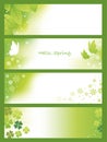 Springtime Vector Background Set With Fresh Green Leaves, Butterflies, Flower Petals, And Four-Leaf Clover.