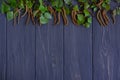 Spring background with birch branches on a gray wooden background with a place for inscription. Frame for spring text