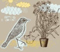 Spring background with bird and narcissus