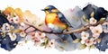 Spring background with a blooming cherry tree branch with a bird sitting on it. Background. Royalty Free Stock Photo