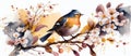 Spring background with a blooming cherry tree branch with a bird sitting on it. Background. Royalty Free Stock Photo