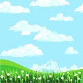 Spring background, blue sky with white clouds ,green grass and white flowers, cartoon design Royalty Free Stock Photo