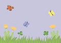 Spring background with butterflies above meadow. Vector poster ofr banner in pastel colors.