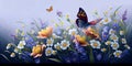 Spring background with daisies, forget-me-nots and butterfly