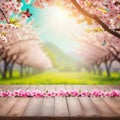 Spring background with empty wooden Natural template for product display with cherry blossoms bokeh and Wooden table in