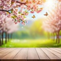 Spring background with empty wooden Natural template for product display with cherry blossoms bokeh and Wooden table in