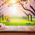 Spring background with empty wooden Natural template for product display with cherry blossoms bokeh and Wooden table in