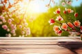 Spring background. Empty wooden table top with view of spring blossoming trees. Nature with bokeh background for product Royalty Free Stock Photo