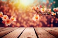 Spring background. Empty wooden table top with view of spring blossoming trees. Nature with bokeh background for product Royalty Free Stock Photo