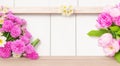 Spring background, flowers frame on wooden table. Banner mockup for Womans or Mothers Day, Easter, spring holidays Royalty Free Stock Photo