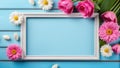 Spring background, flowers frame on wooden table. Banner mockup for Womans or Mothers Day, Easter, spring holidays Royalty Free Stock Photo