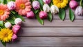 Spring background, flowers frame on wooden table. Banner mockup for Womans or Mothers Day, Easter, spring holidays Royalty Free Stock Photo