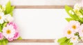 Spring background, flowers frame on wooden table. Banner mockup for Womans or Mothers Day, Easter, spring holidays Royalty Free Stock Photo