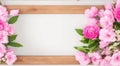 Spring background, flowers frame on wooden table. Banner mockup for Womans or Mothers Day, Easter, spring holidays Royalty Free Stock Photo