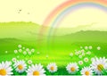 Spring Background with flowers and rainbow