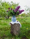 Spring background in a garden. Lilac flowers in old blue porcelain vase or decanter on a wooden stump Royalty Free Stock Photo
