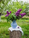 Spring background in a garden. Lilac flowers in old blue porcelain vase or decanter on a wooden stump Royalty Free Stock Photo