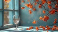 Spring background with glass of wine, blooming tree near blue window. Generative AI Royalty Free Stock Photo