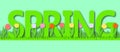 Spring background with grass and tulips. Paper art vector. 3d effect