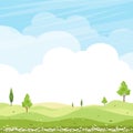 Spring Background, Green Grass Field Landscape with Mountain,Blue Sky and Clouds,Panorama Nature Summer rural in with pine Trees Royalty Free Stock Photo